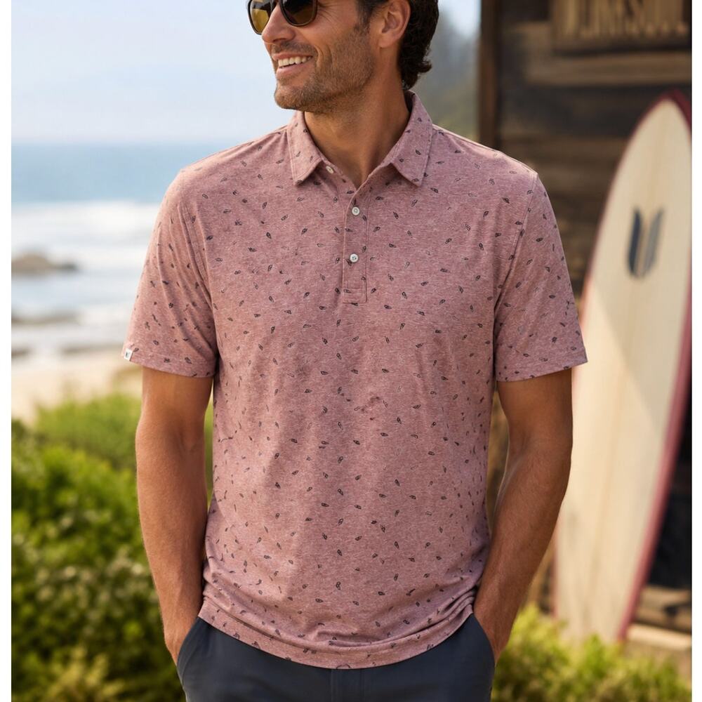 Linksoul Feather Print Polo Shirt Mens Large Pink Heather Golf Casual Surf SZ L